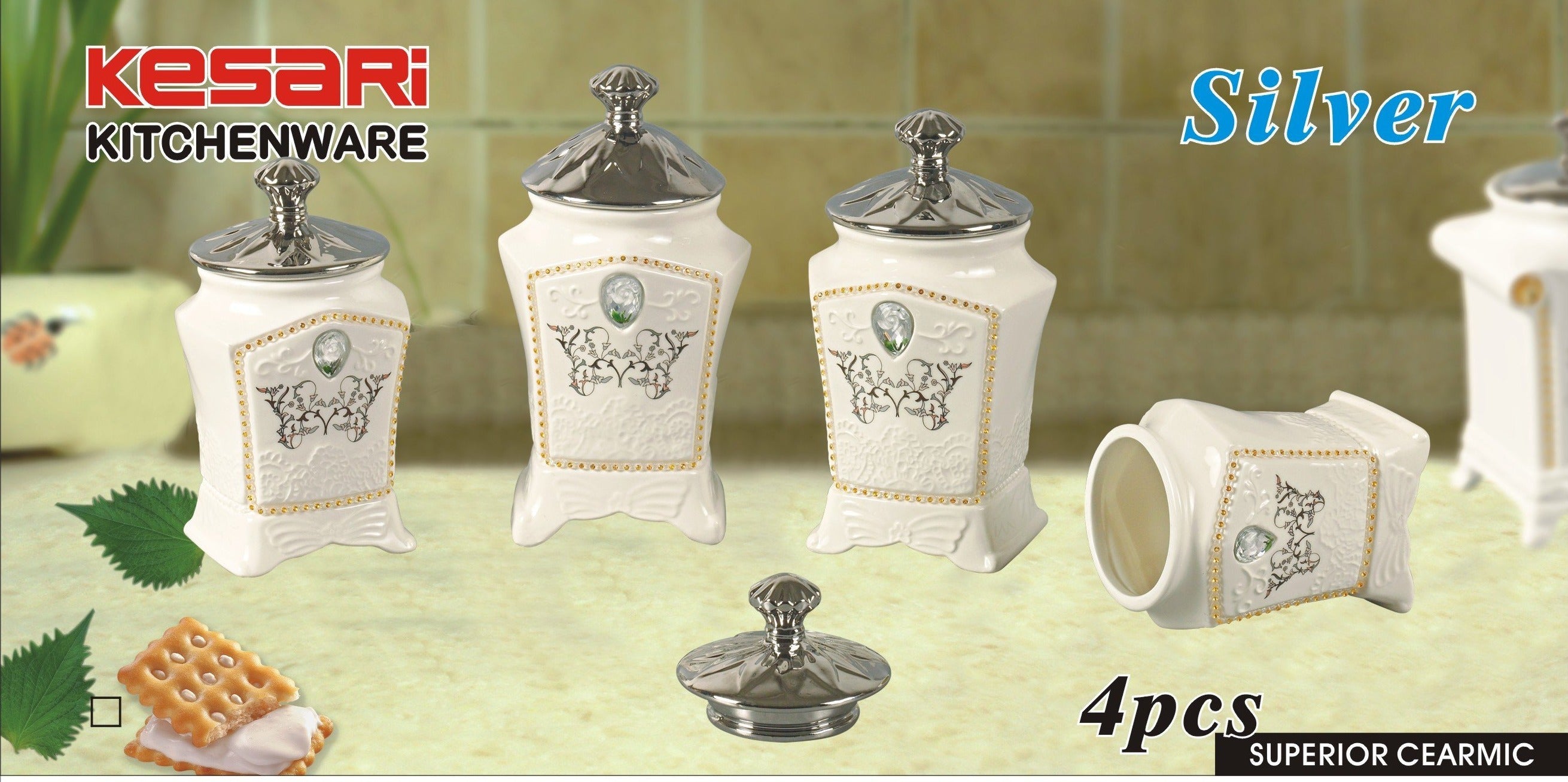 Ceramic Canister 4 Piece Set Silver
