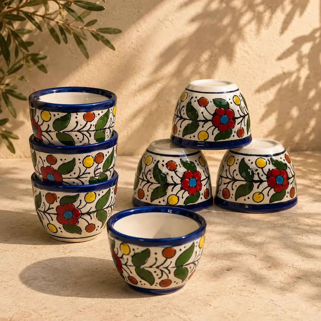 Palestinian Ceramic Coffee Cups Set of 6 – Handcrafted Arabic Espresso Finjan for Authentic Coffee Experience