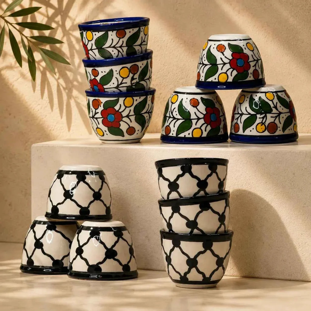 Palestinian Ceramic Coffee Cups Set of 6 – Handcrafted Arabic Espresso Finjan for Authentic Coffee Experience