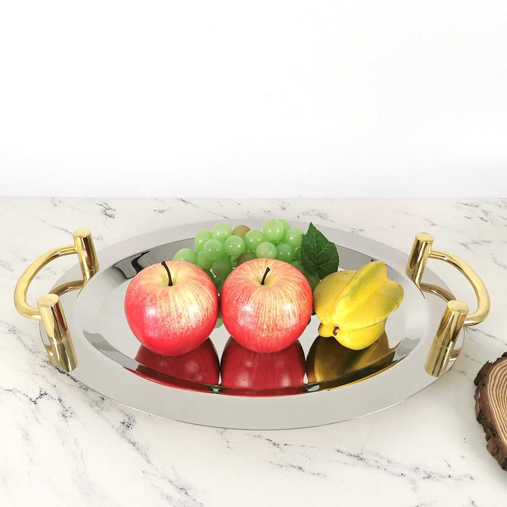 Stainless Steel Oval Serving Tray with Gold Handles