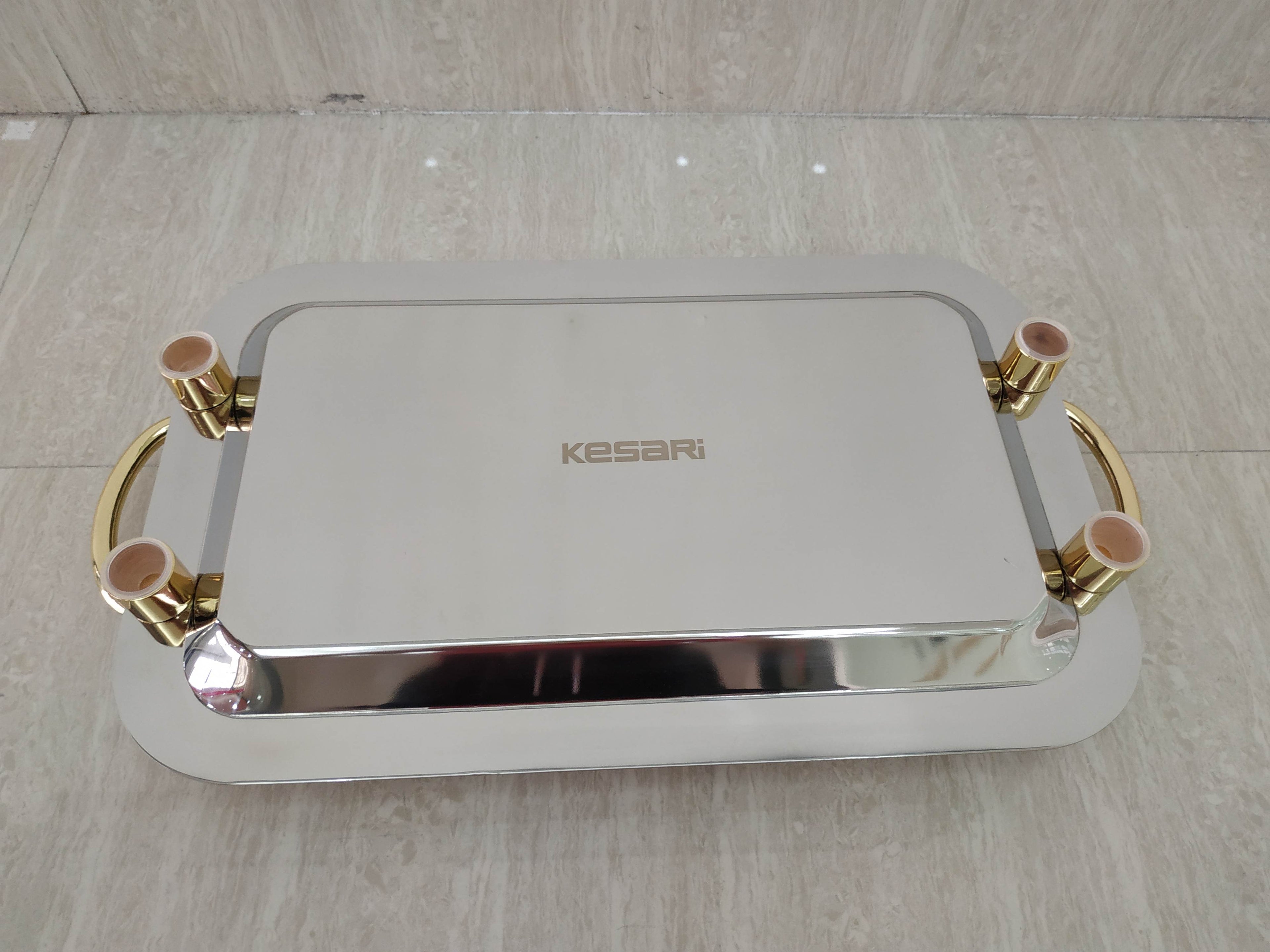 Stainless Steel Rectangular Serving Tray with Gold Handles