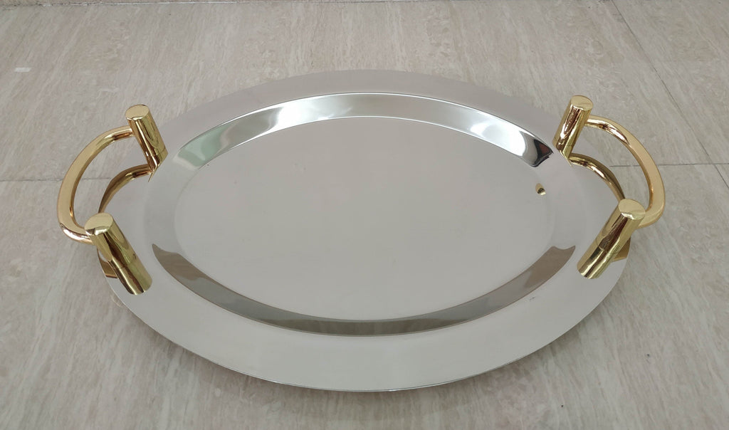 16" Stainless Steel Round Serving Tray with Gold Handles